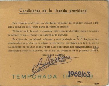 Llicència de la “Federación Española de Patinaje” del Ton Mestres jugador de 1a Catalana, Temporada 1962-1963